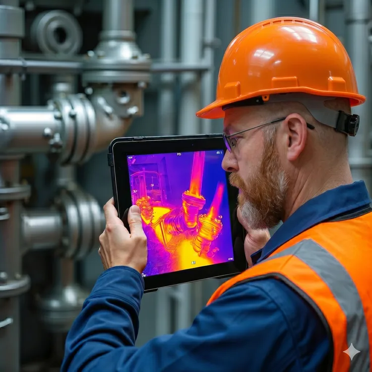 Engineer reviewing thermal imaging data on a tablet during a forensic MEP investigation