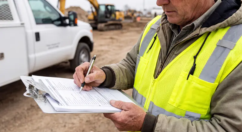 Owner's representative in a high-visibility vest filling out RFI documentation on a clipboard at an active construction site