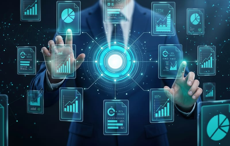 An analyst working across a spread of interconnected data cards and charts radiating from a central hub